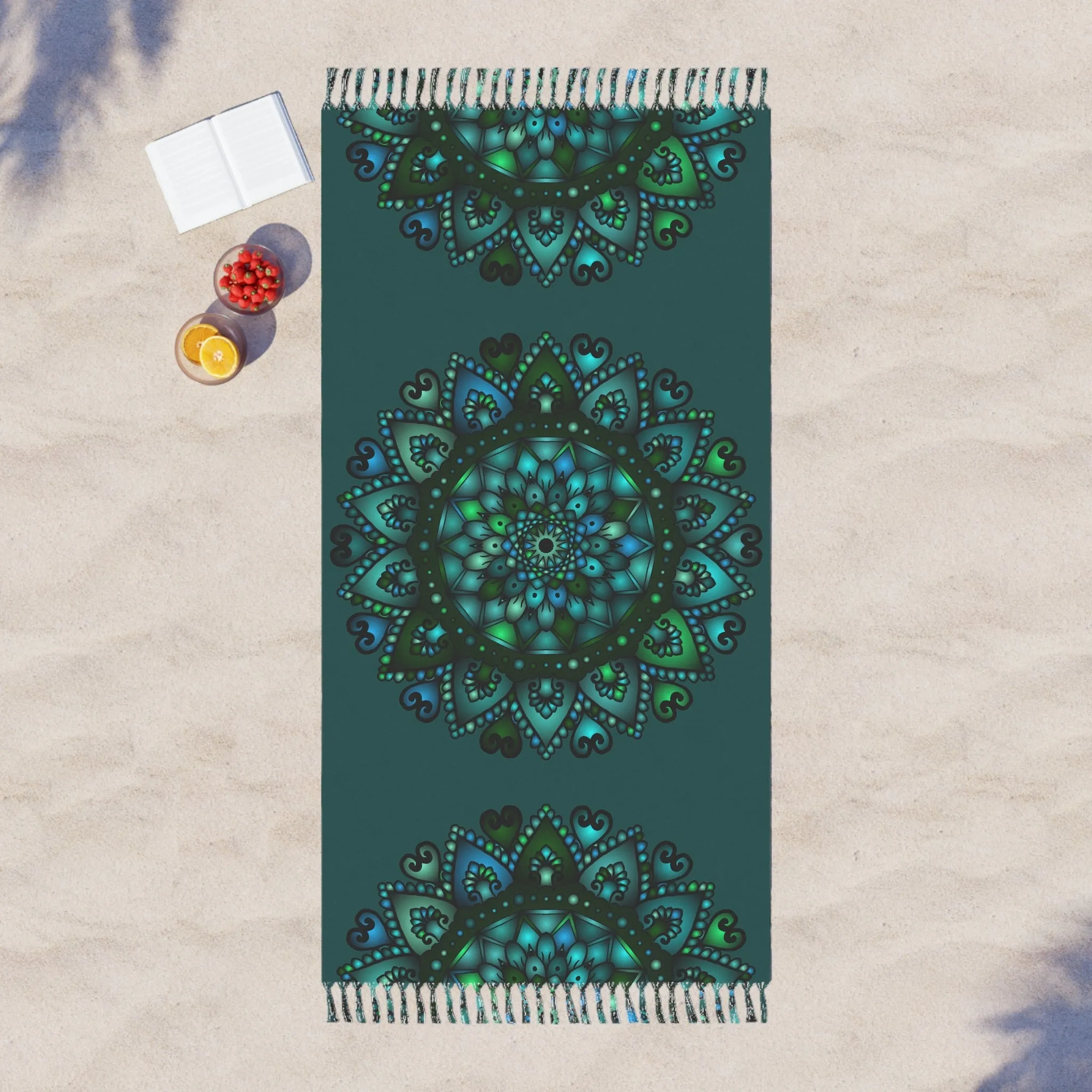 Hand-Drawn Boho Beach Cloth with Mandala Art - Petroleum Green