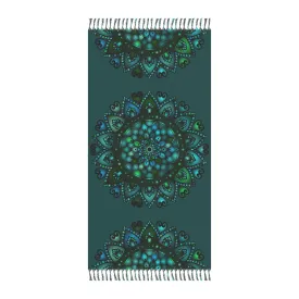 Hand-Drawn Boho Beach Cloth with Mandala Art - Petroleum Green