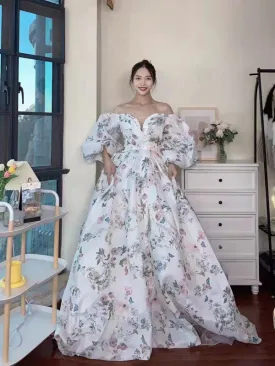 High Fashion Bubble Sleeves A-line Prom Dresses, Elegant Floral 2022 Long Prom Dresses, Popular Wedding Guest Dresses, Floral Gown