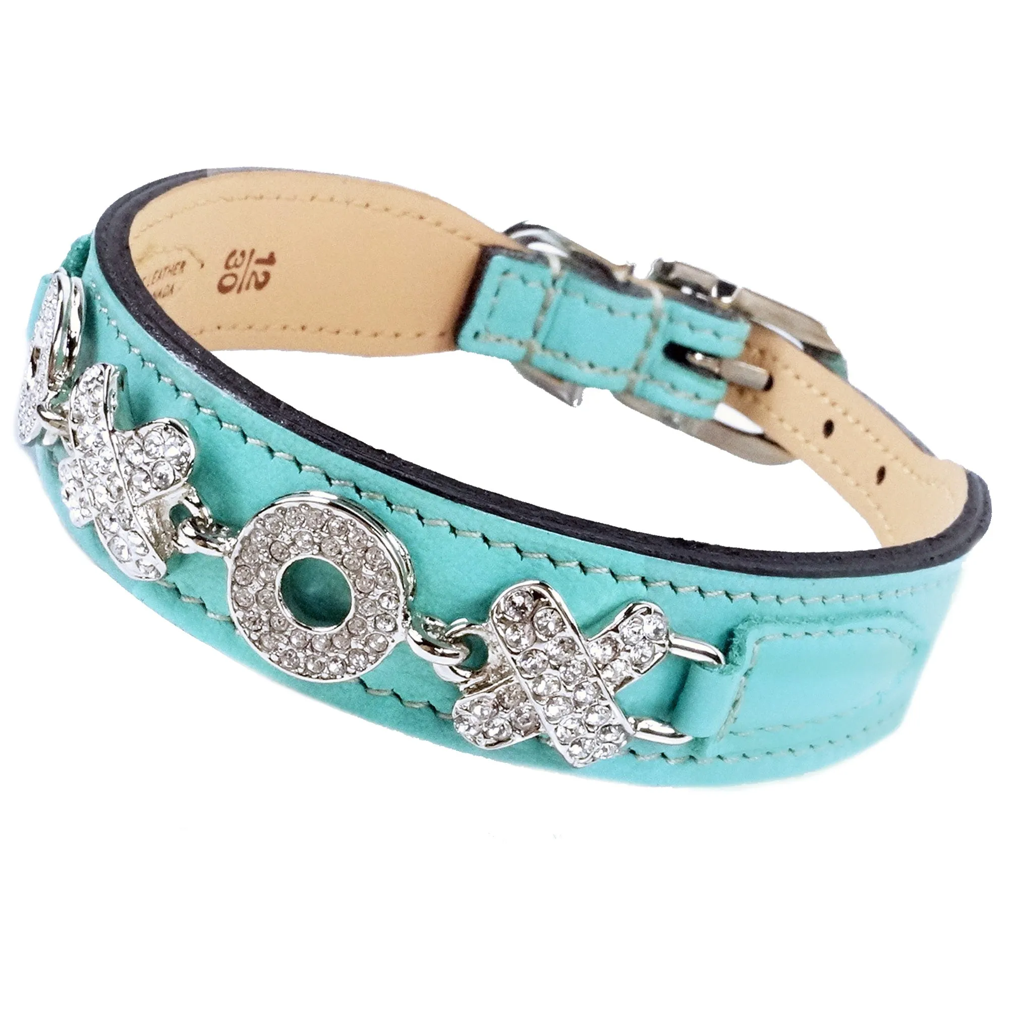 Hugs & Kisses Dog Collar in Turquoise & Nickel