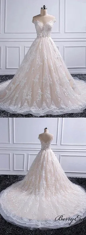 Illusion Long A-line Lace Tulle Wedding Dresses, Elegant Wedding Dresses, Bridal Gown