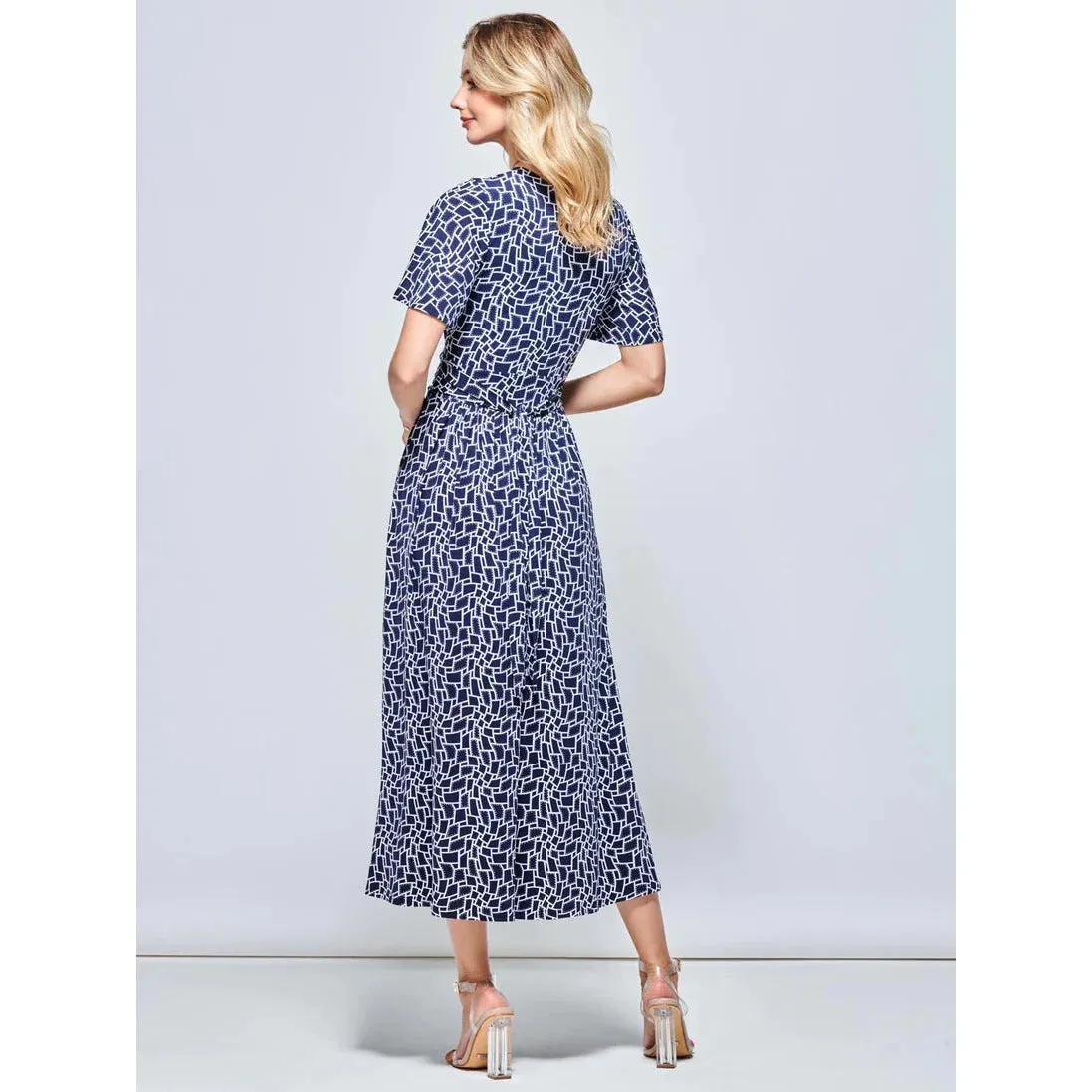 Jolie Moi Angel Sleeve Navy Geometric Print Dress