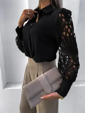 Lace Sleeve Button Up Blouse (Black)