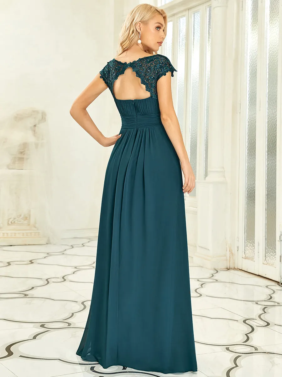 Lacey Neckline Open Back Ruched Bust Evening Dresses