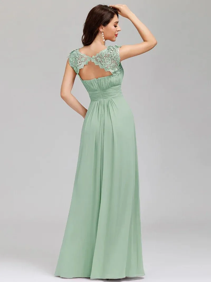 Lacey Neckline Open Back Ruched Bust Evening Dresses