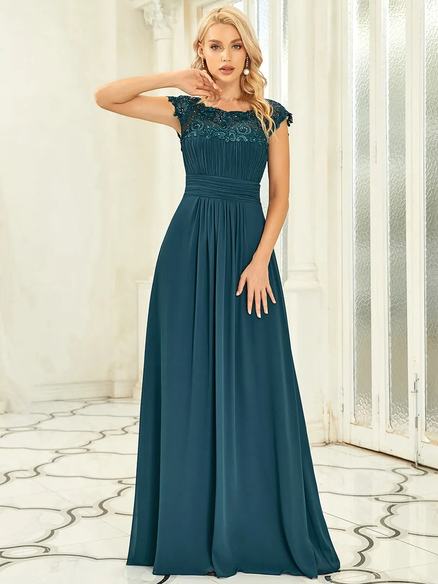 Lacey Neckline Open Back Ruched Bust Evening Dresses