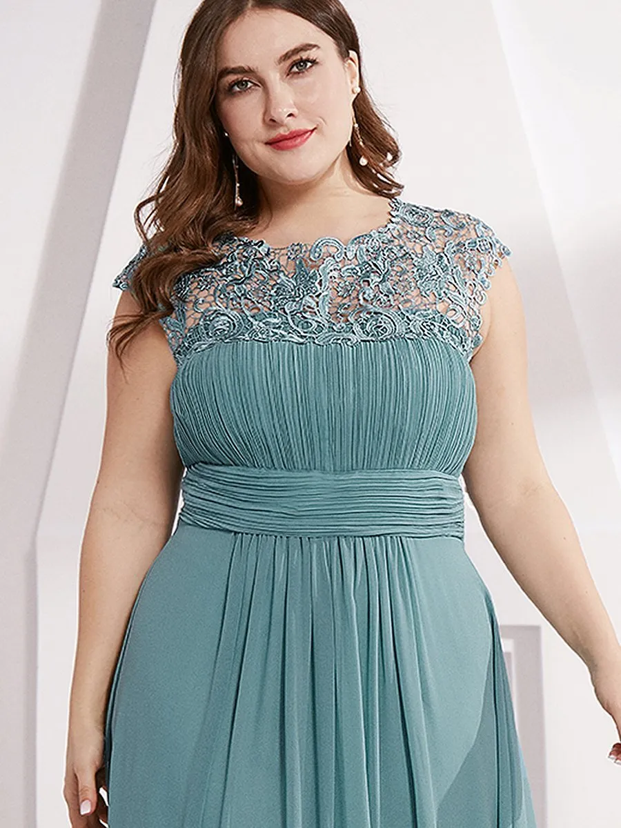 Lacey Neckline Open Back Ruched Bust Plus Size Evening Dresses