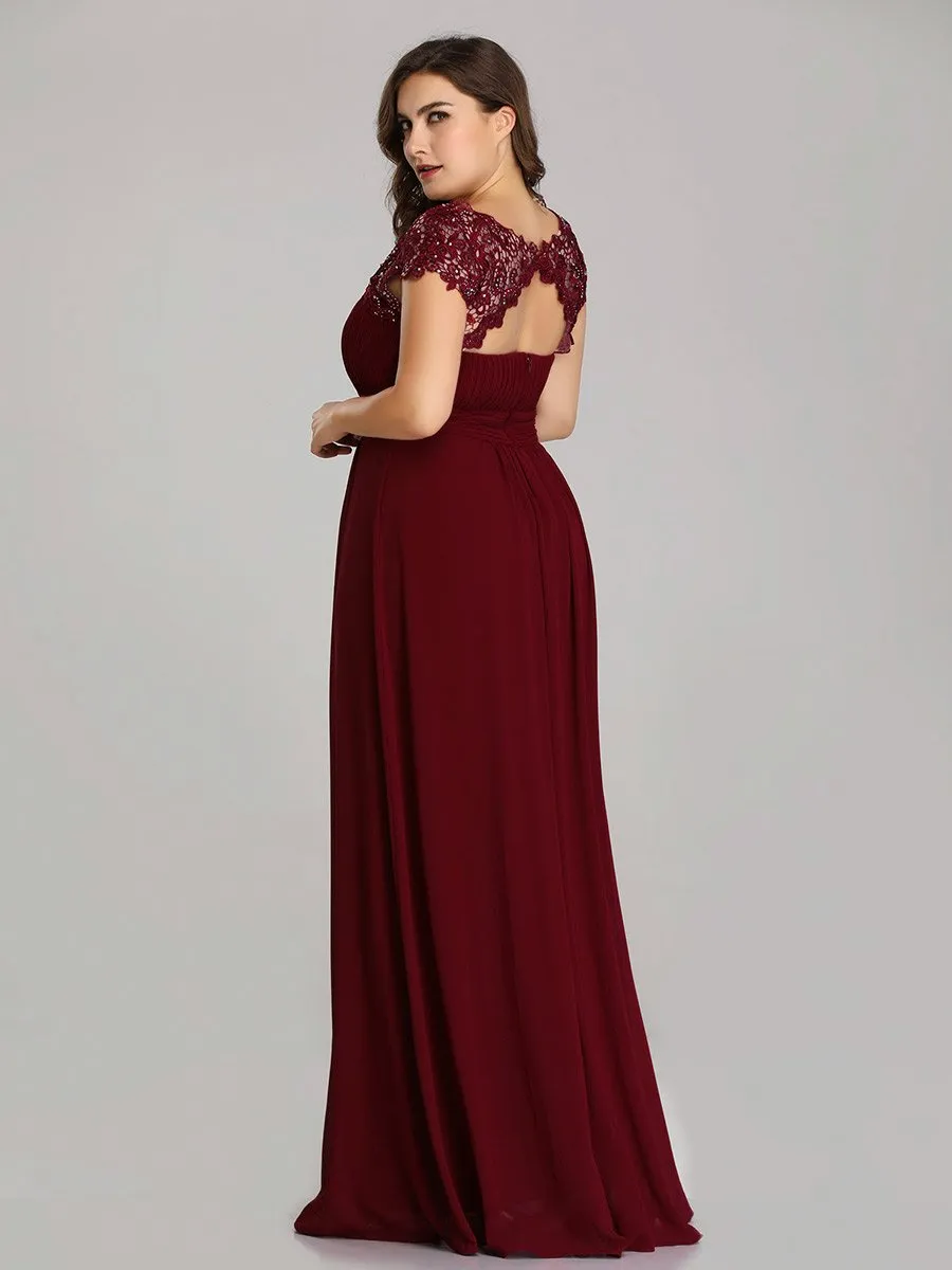 Lacey Neckline Open Back Ruched Bust Plus Size Evening Dresses