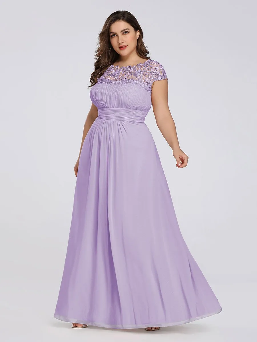 Lacey Neckline Open Back Ruched Bust Plus Size Evening Dresses