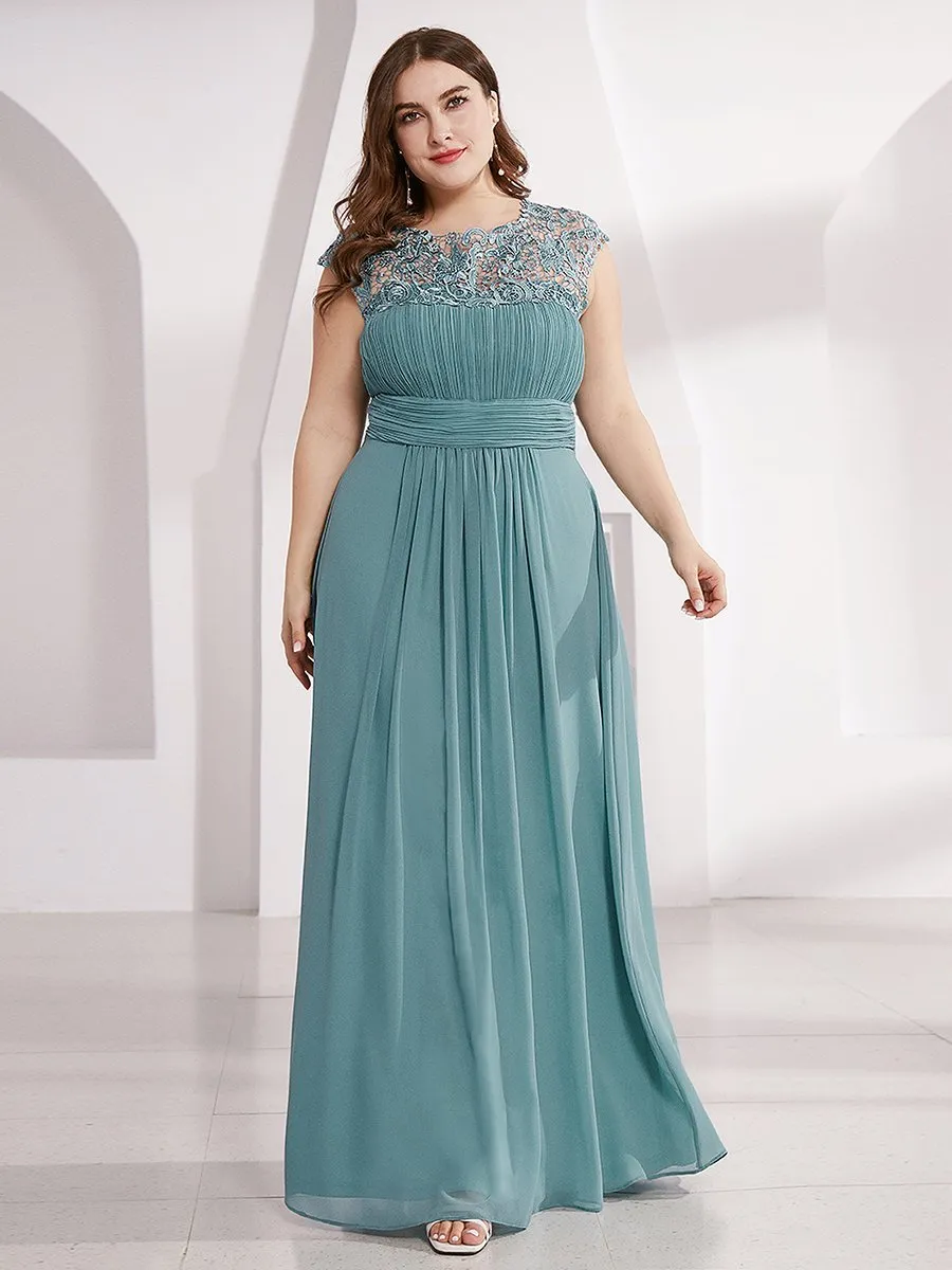 Lacey Neckline Open Back Ruched Bust Plus Size Evening Dresses