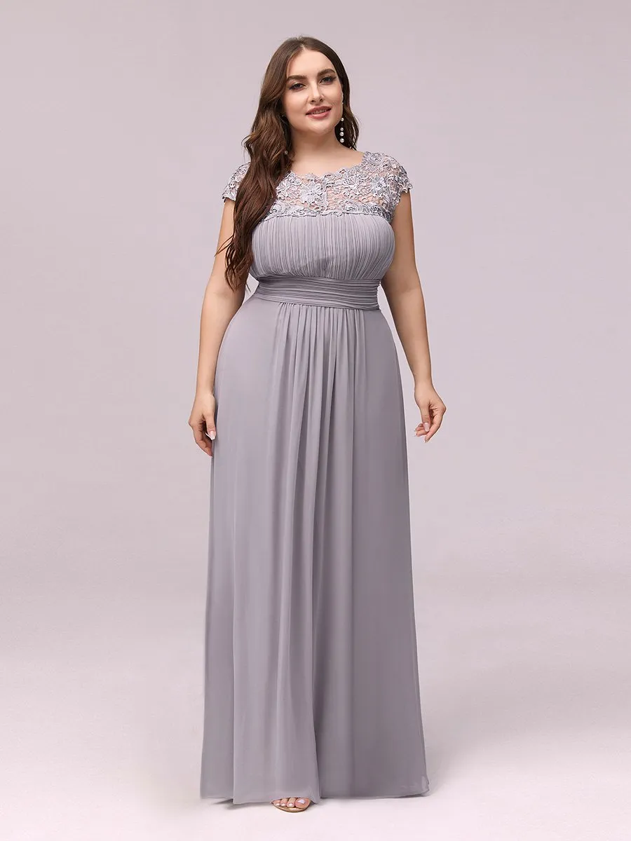 Lacey Neckline Open Back Ruched Bust Plus Size Evening Dresses