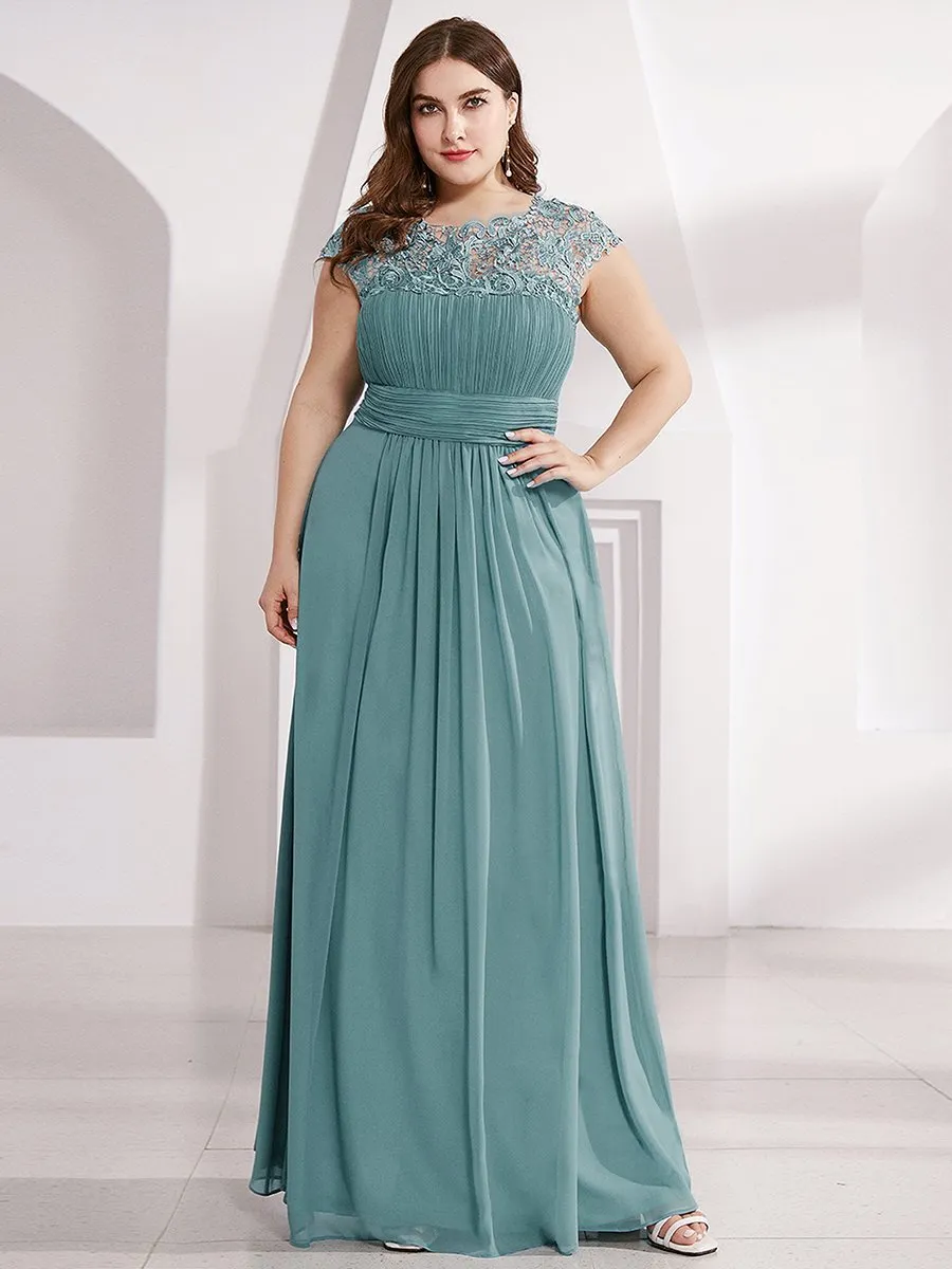 Lacey Neckline Open Back Ruched Bust Plus Size Evening Dresses