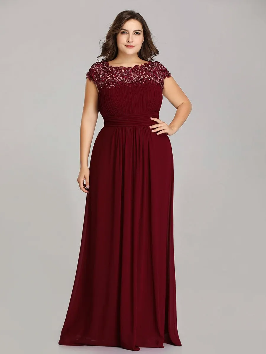 Lacey Neckline Open Back Ruched Bust Plus Size Evening Dresses