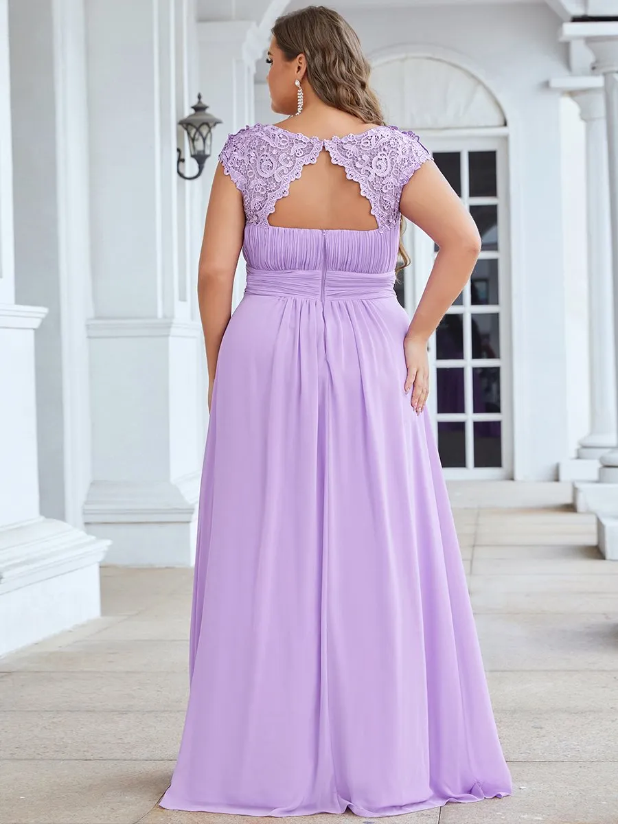 Lacey Neckline Open Back Ruched Bust Plus Size Evening Dresses