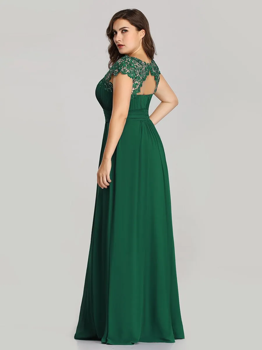 Lacey Neckline Open Back Ruched Bust Plus Size Evening Dresses