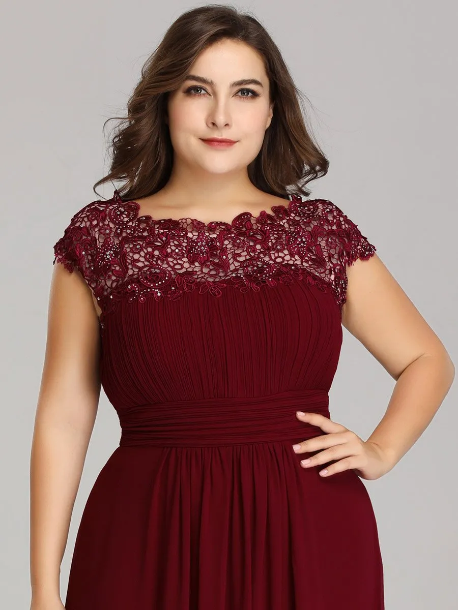 Lacey Neckline Open Back Ruched Bust Plus Size Evening Dresses