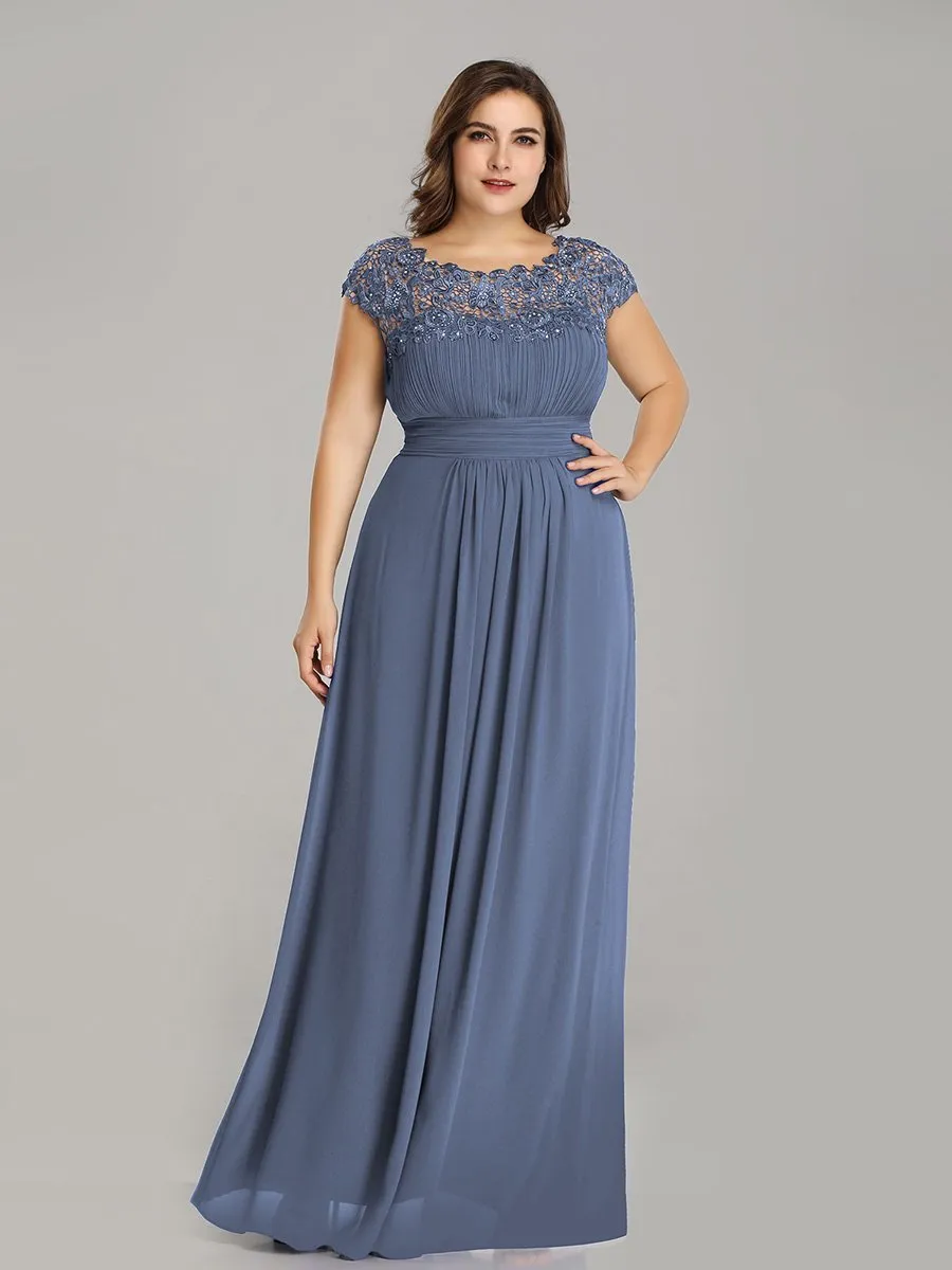 Lacey Neckline Open Back Ruched Bust Plus Size Evening Dresses