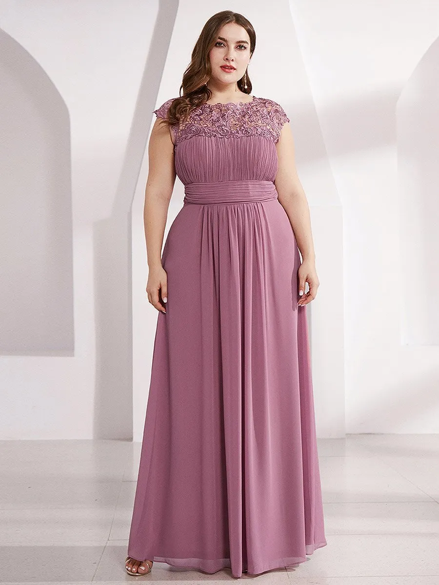 Lacey Neckline Open Back Ruched Bust Plus Size Evening Dresses