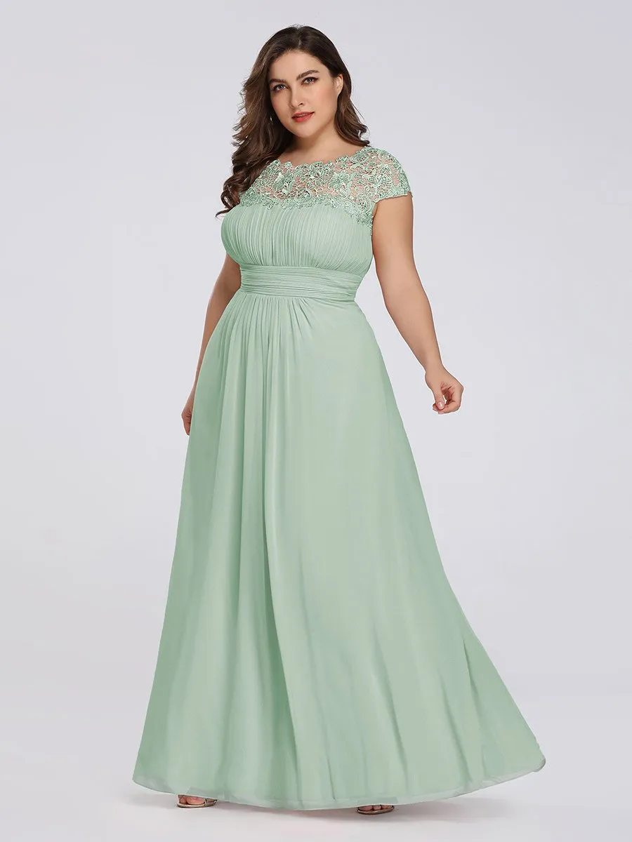 Lacey Neckline Open Back Ruched Bust Plus Size Evening Dresses