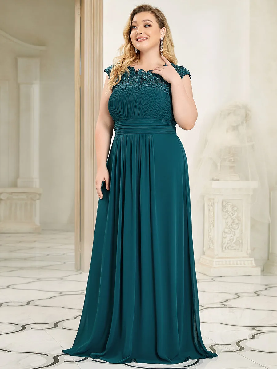 Lacey Neckline Open Back Ruched Bust Plus Size Evening Dresses