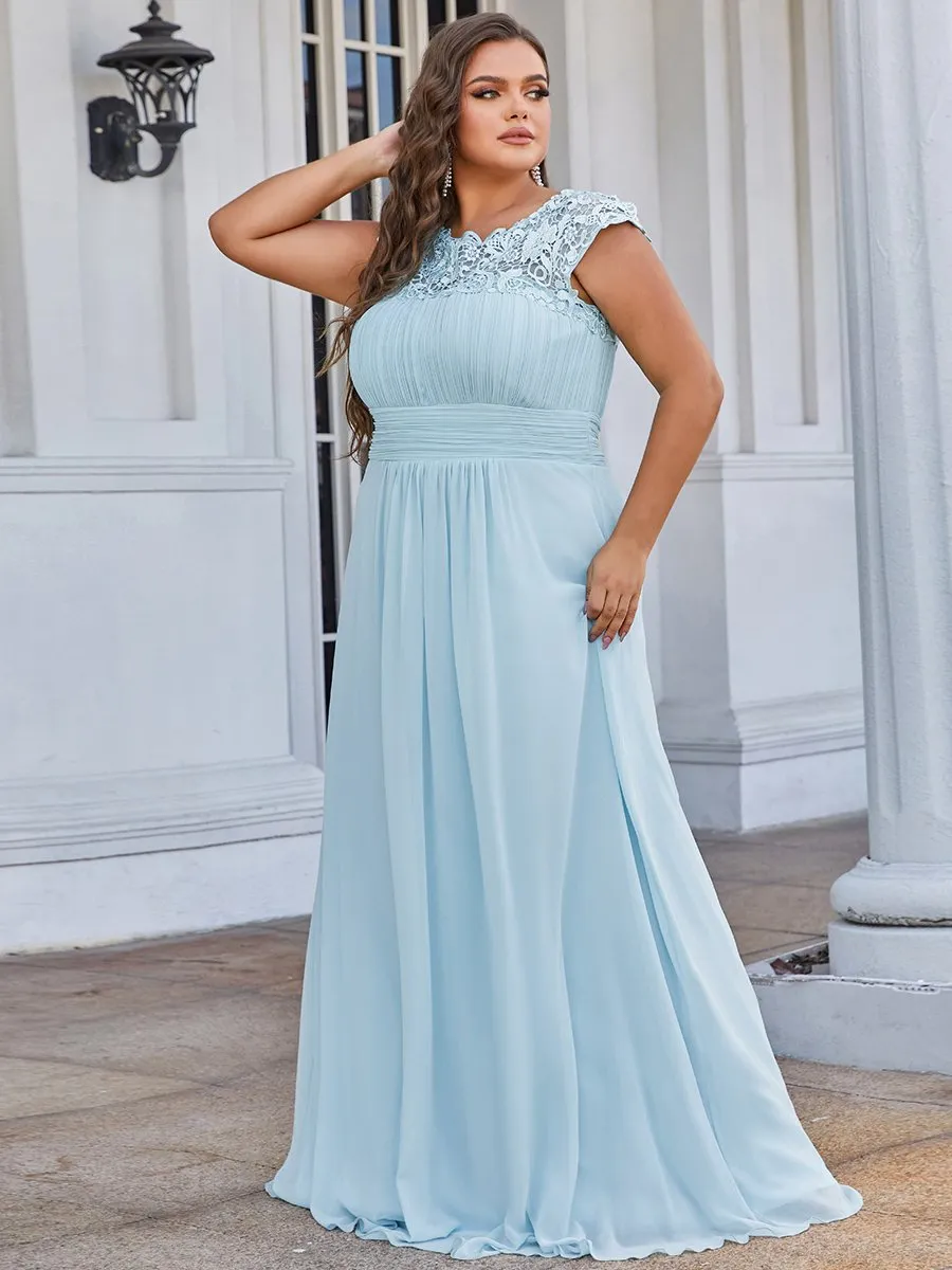 Lacey Neckline Open Back Ruched Bust Plus Size Evening Dresses