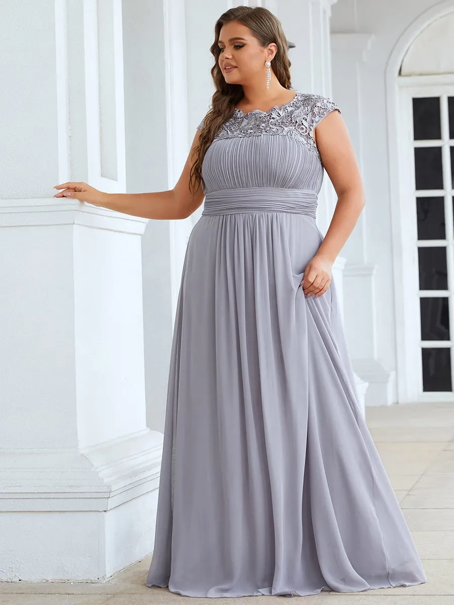 Lacey Neckline Open Back Ruched Bust Plus Size Evening Dresses