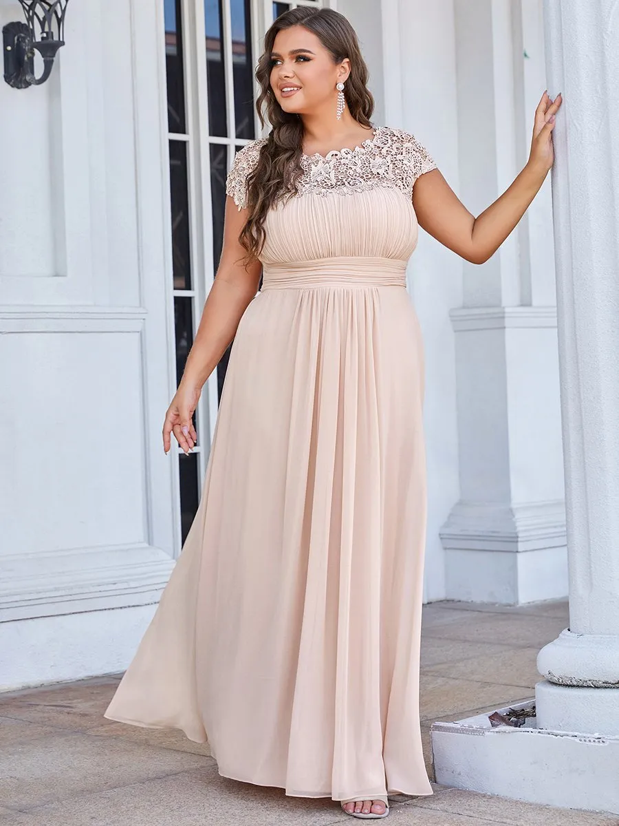 Lacey Neckline Open Back Ruched Bust Plus Size Evening Dresses