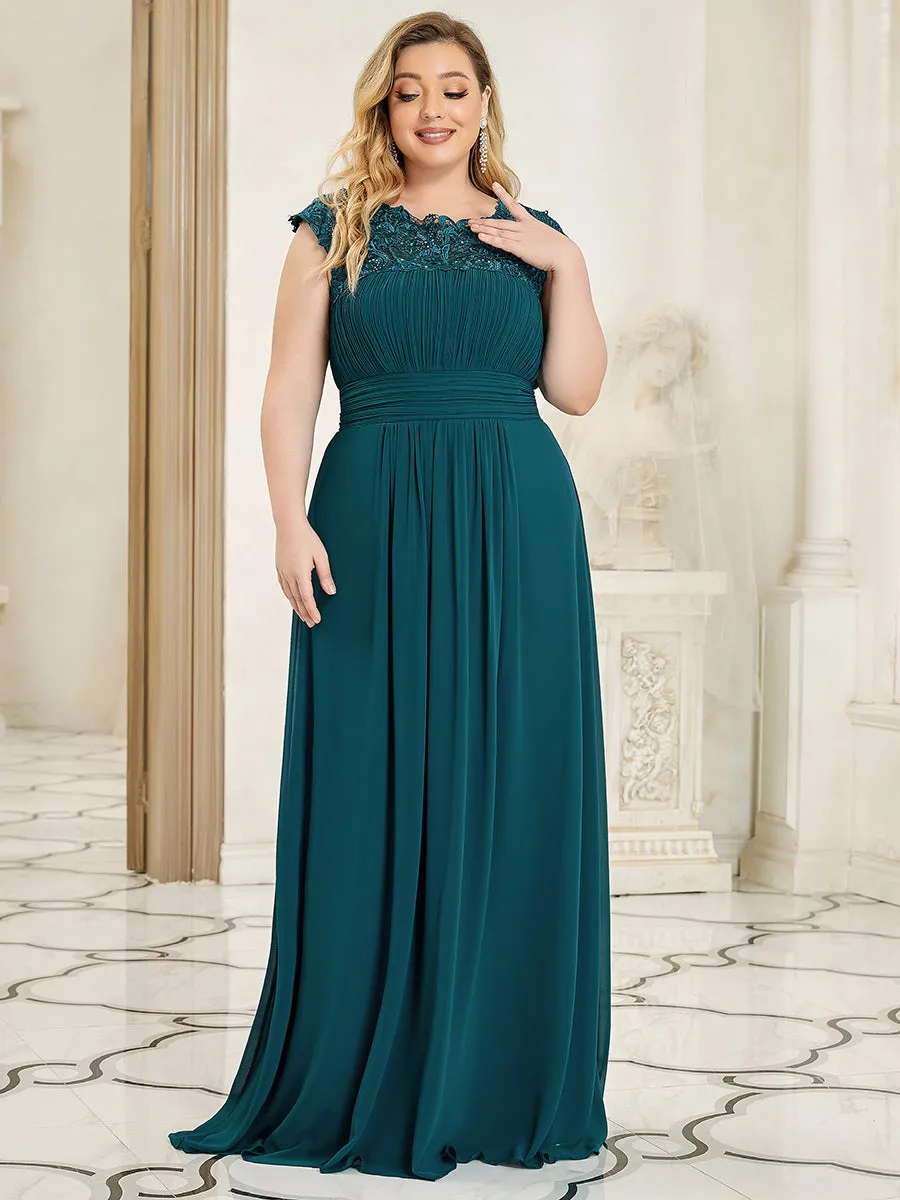 Lacey Neckline Open Back Ruched Bust Plus Size Evening Dresses