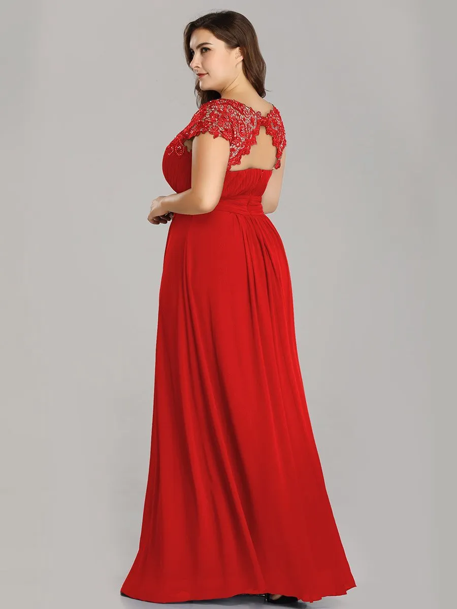 Lacey Neckline Open Back Ruched Bust Plus Size Evening Dresses