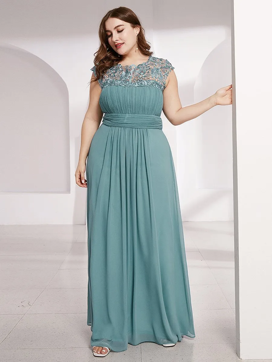 Lacey Neckline Open Back Ruched Bust Plus Size Evening Dresses