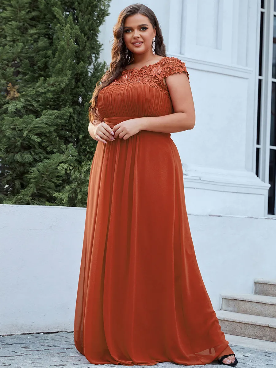 Lacey Neckline Open Back Ruched Bust Plus Size Evening Dresses