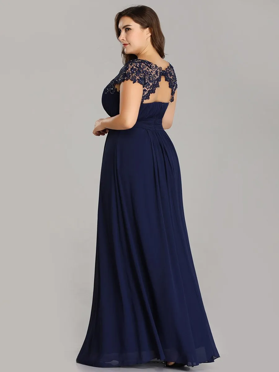 Lacey Neckline Open Back Ruched Bust Plus Size Evening Dresses