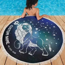 Leo Zodiac Star Sign Round Beach Pool Blanket, Cool Leo Birth Sign Beach Throw Blanket To Relax On, Leo Horoscope Gift Idea, Leo Home Decor