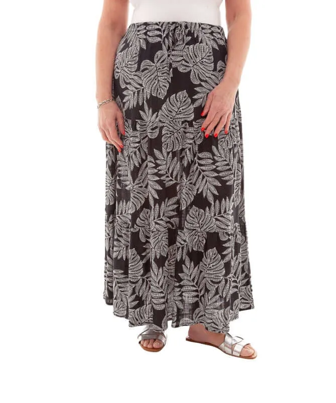 Linen Dotty Leaf Print Tiered Maxi Skirt