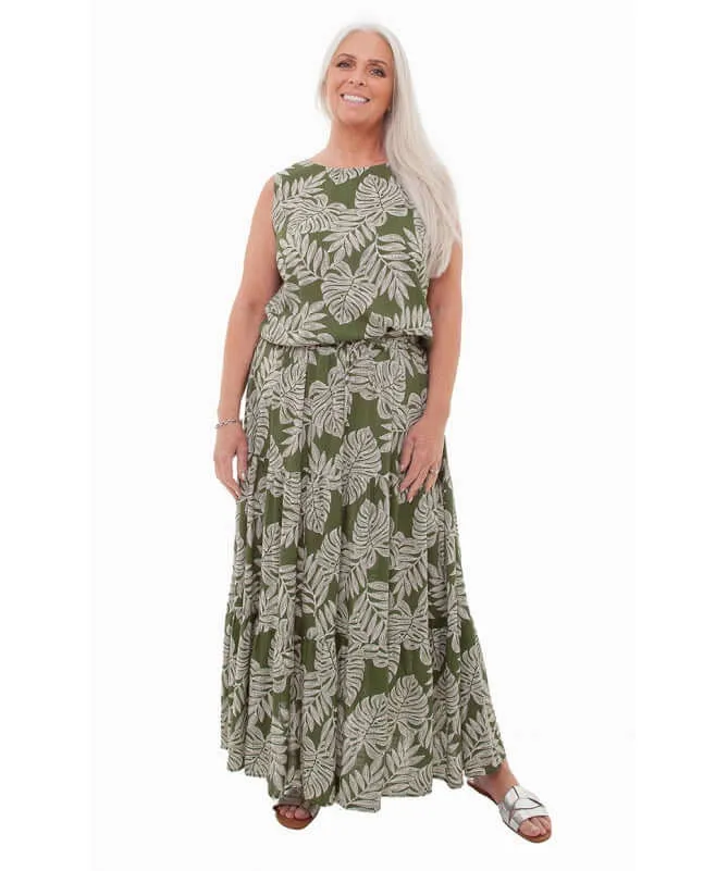 Linen Dotty Leaf Print Tiered Maxi Skirt