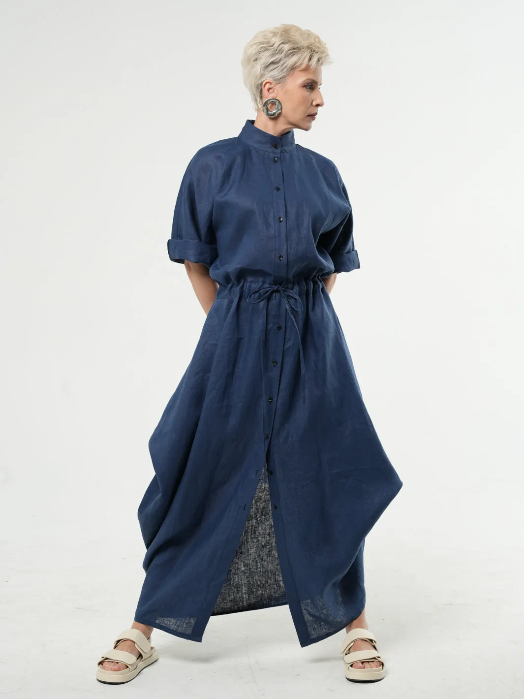 Long Linen Shirt Dress In Blue