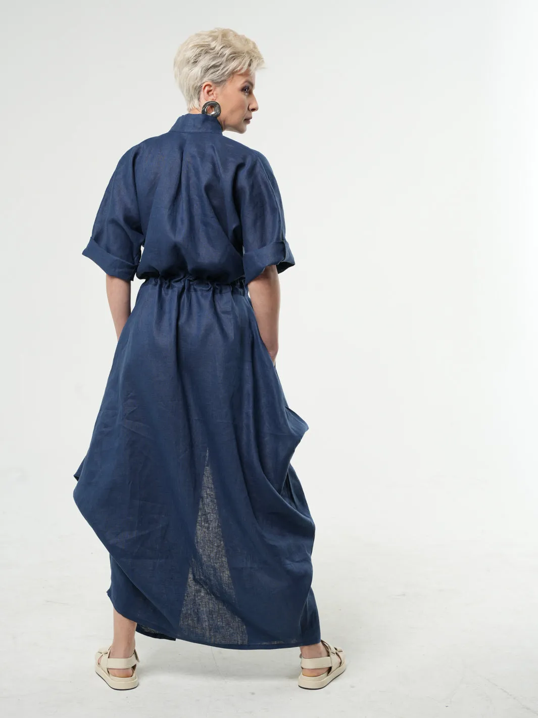 Long Linen Shirt Dress In Blue