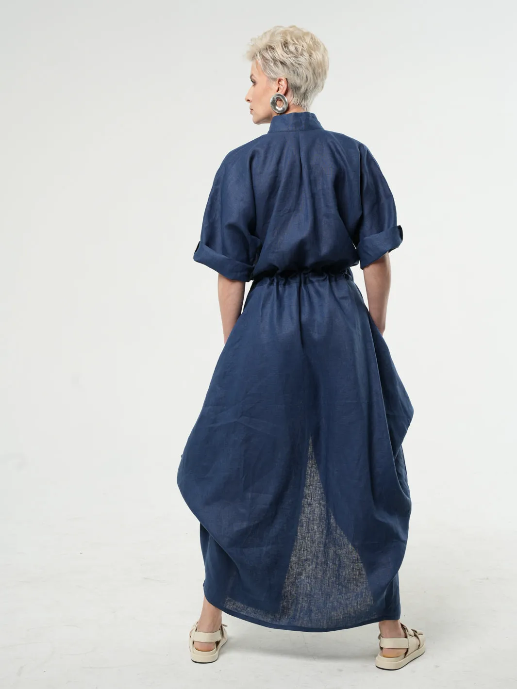 Long Linen Shirt Dress In Blue