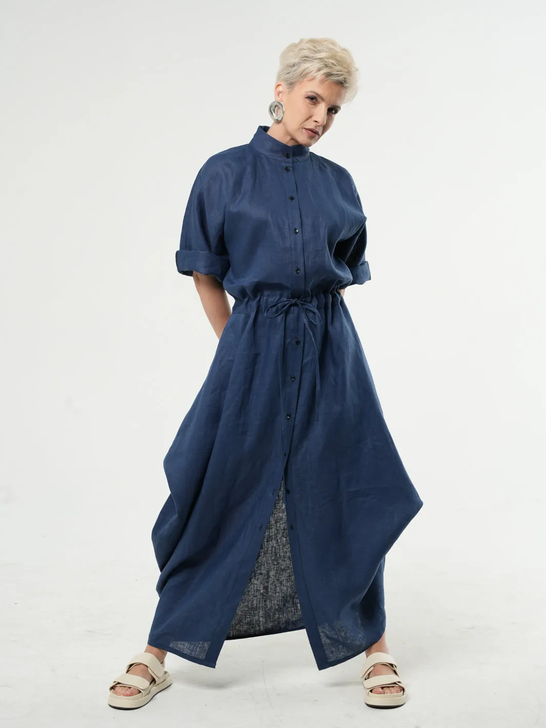 Long Linen Shirt Dress In Blue