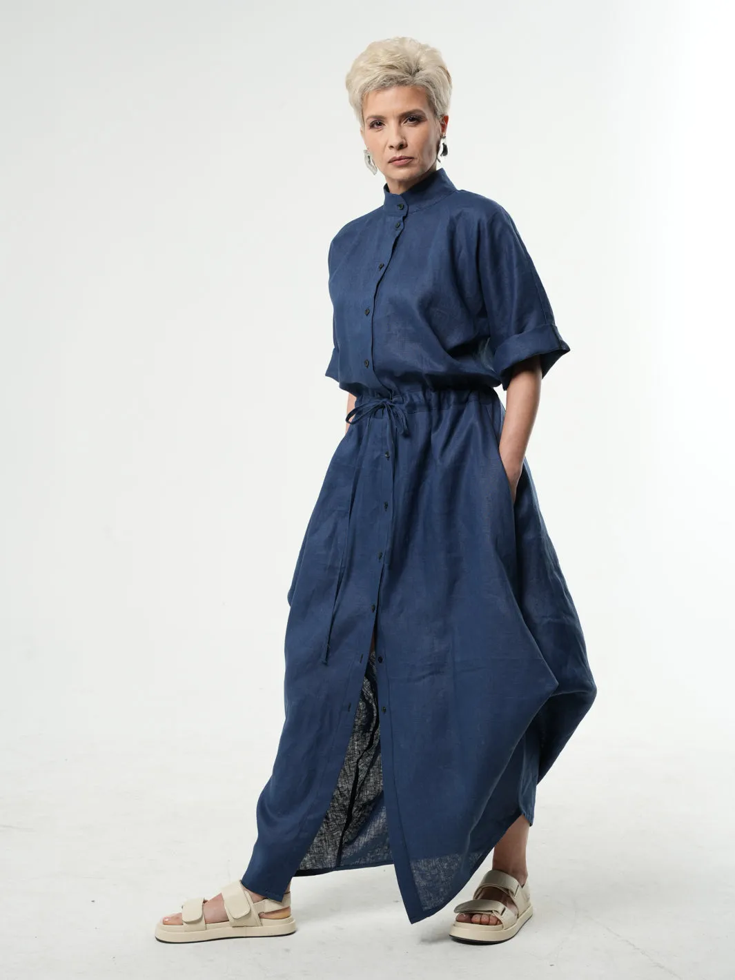 Long Linen Shirt Dress In Blue