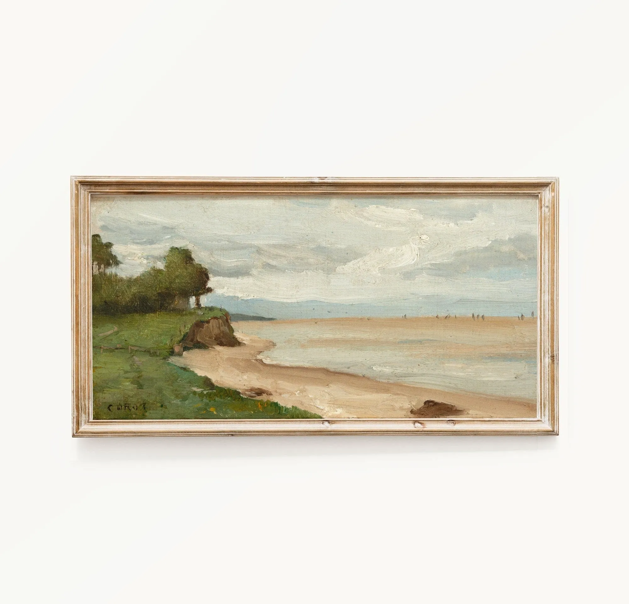 Long Vintage Horizontal Beach Shoreline Landscape Wall Art Print - 10x20 inches