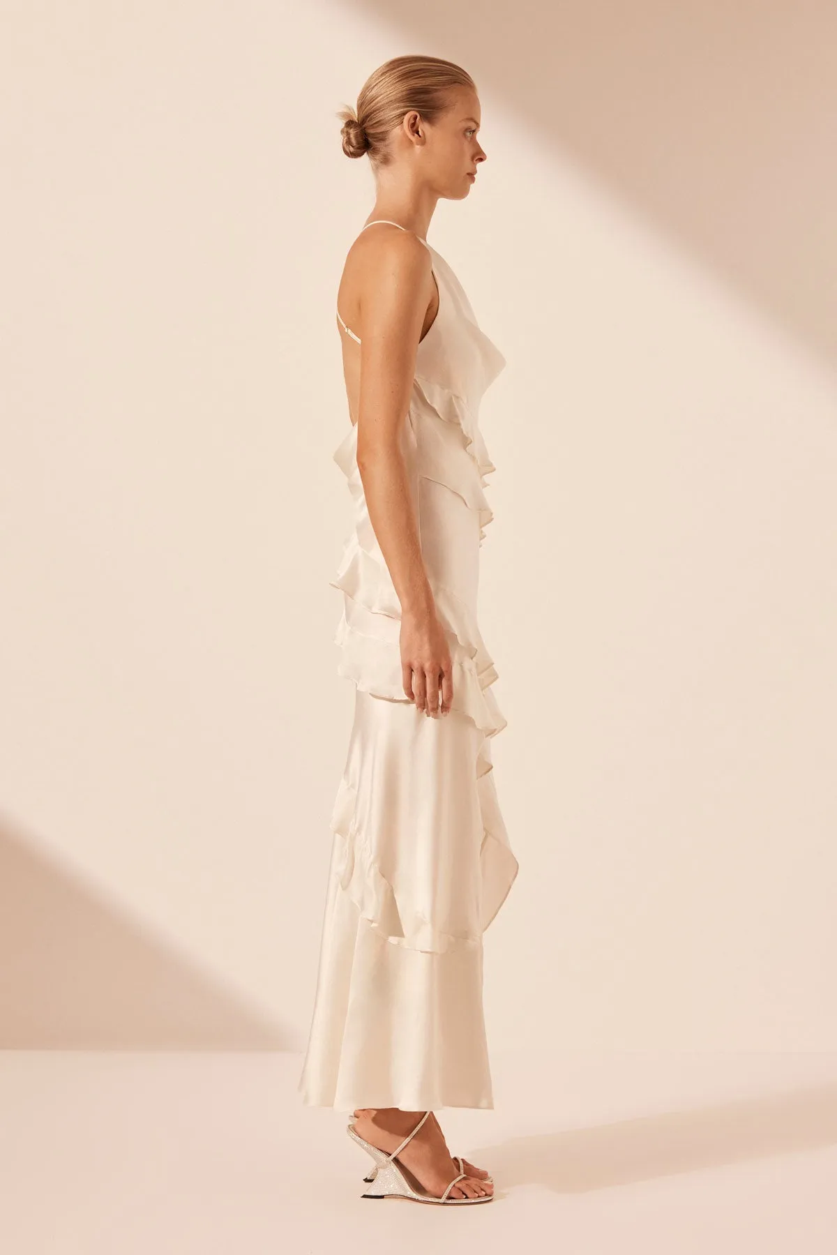 LOUELLA SILK ASYMMETRICAL RUFFLE MAXI DRESS - IVORY