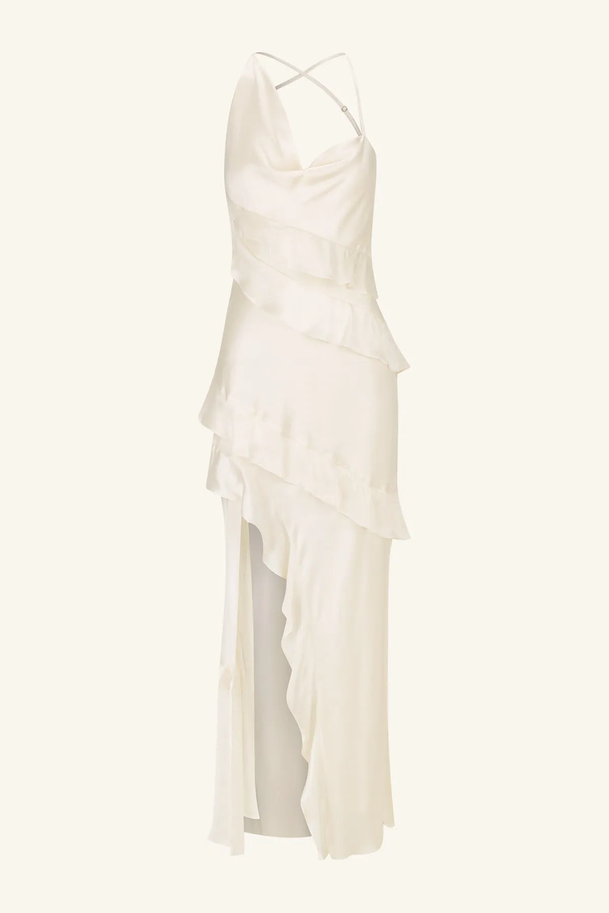 LOUELLA SILK ASYMMETRICAL RUFFLE MAXI DRESS - IVORY