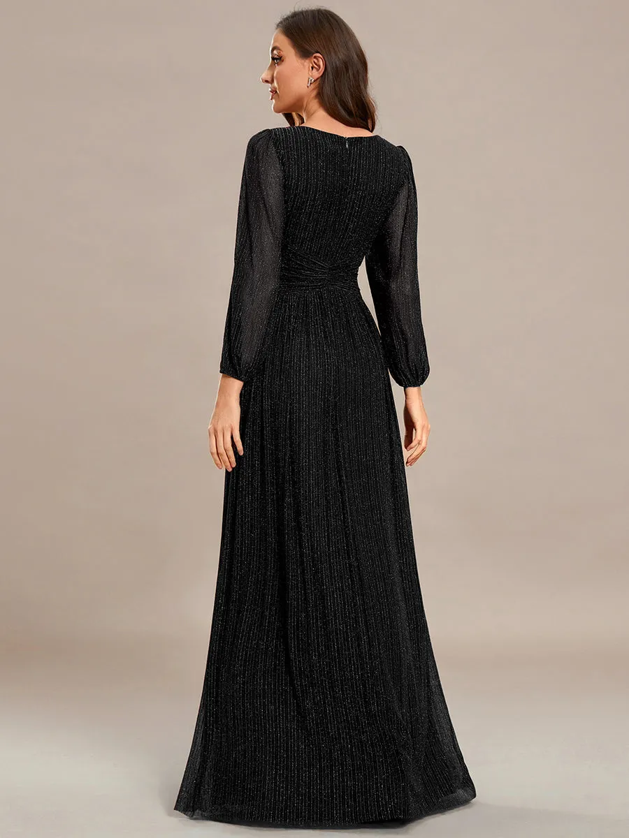 Maxi Long Chiffon Waist  V Neck Wholesale Evening Dress with Long Sleeves