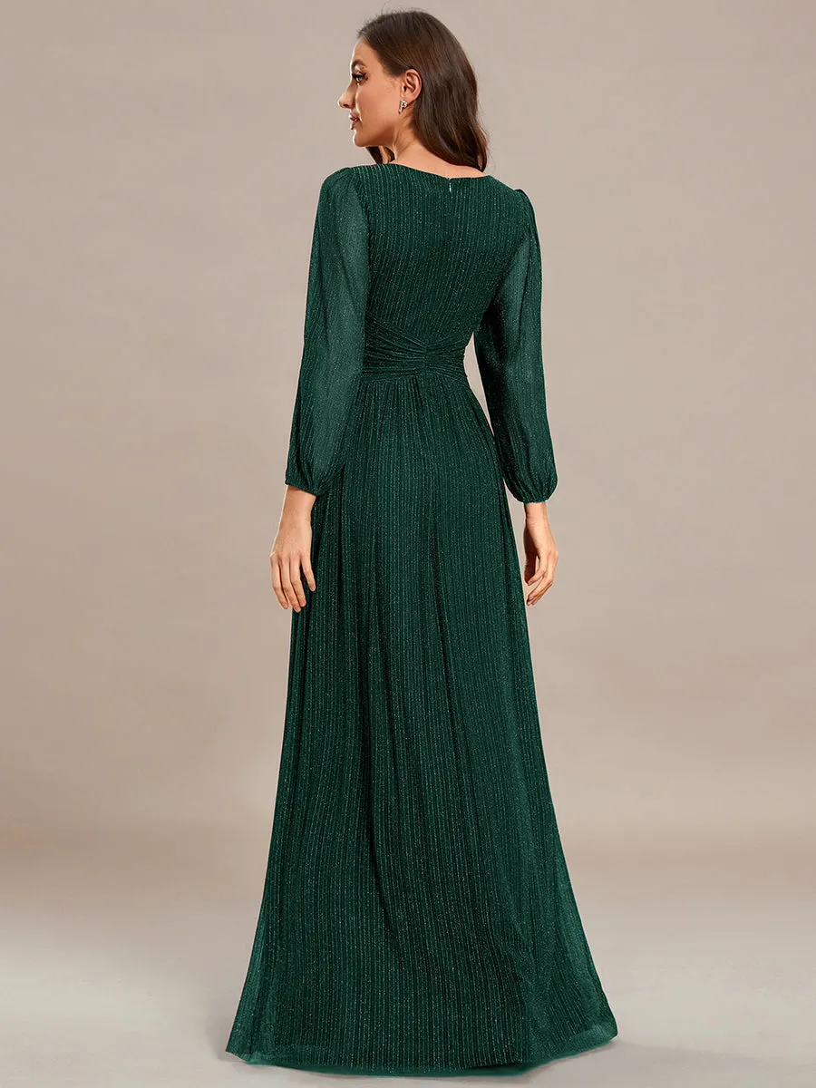 Maxi Long Chiffon Waist  V Neck Wholesale Evening Dress with Long Sleeves