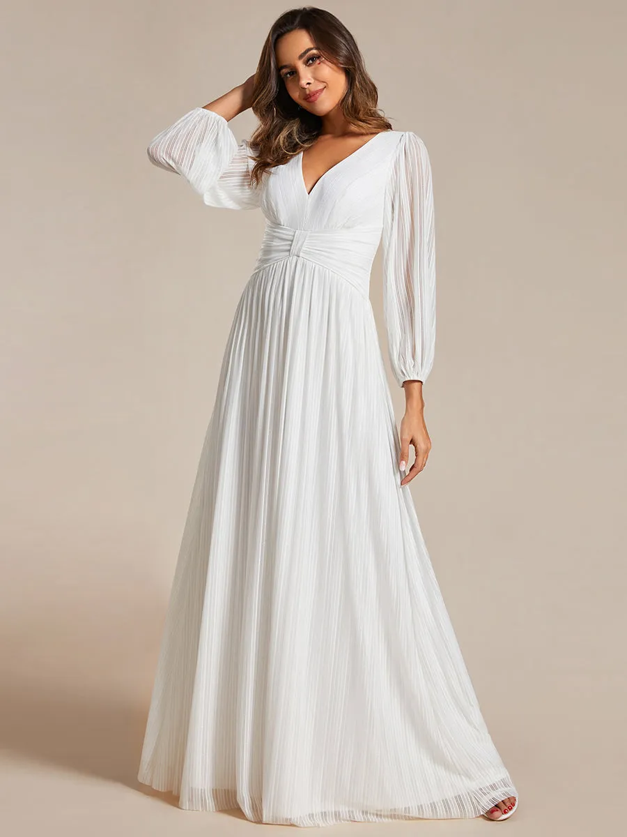 Maxi Long Chiffon Waist  V Neck Wholesale Evening Dress with Long Sleeves