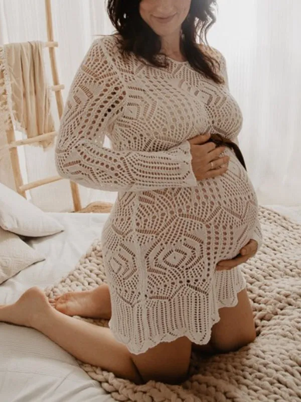 Momnfancy White Crochet Cutout Transparent Wavy Edge Bohemian Baeach Boho Cover-Ups Maternity Mini Photoshoot Dress