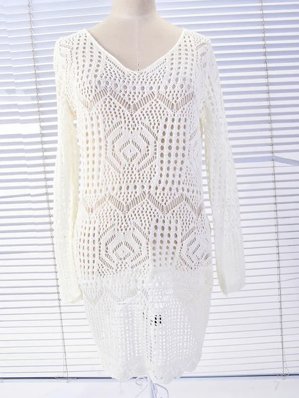 Momnfancy White Crochet Cutout Transparent Wavy Edge Bohemian Baeach Boho Cover-Ups Maternity Mini Photoshoot Dress