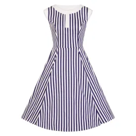 Navy Blue and White Striped Sleeveless Rockabilly 50s Swing Dress