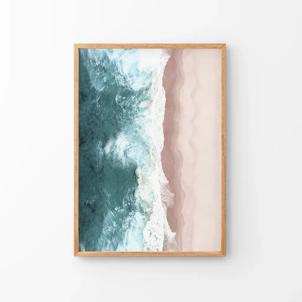 Ocean Aerial Print. Neutral Pink Beach, Blue Waves